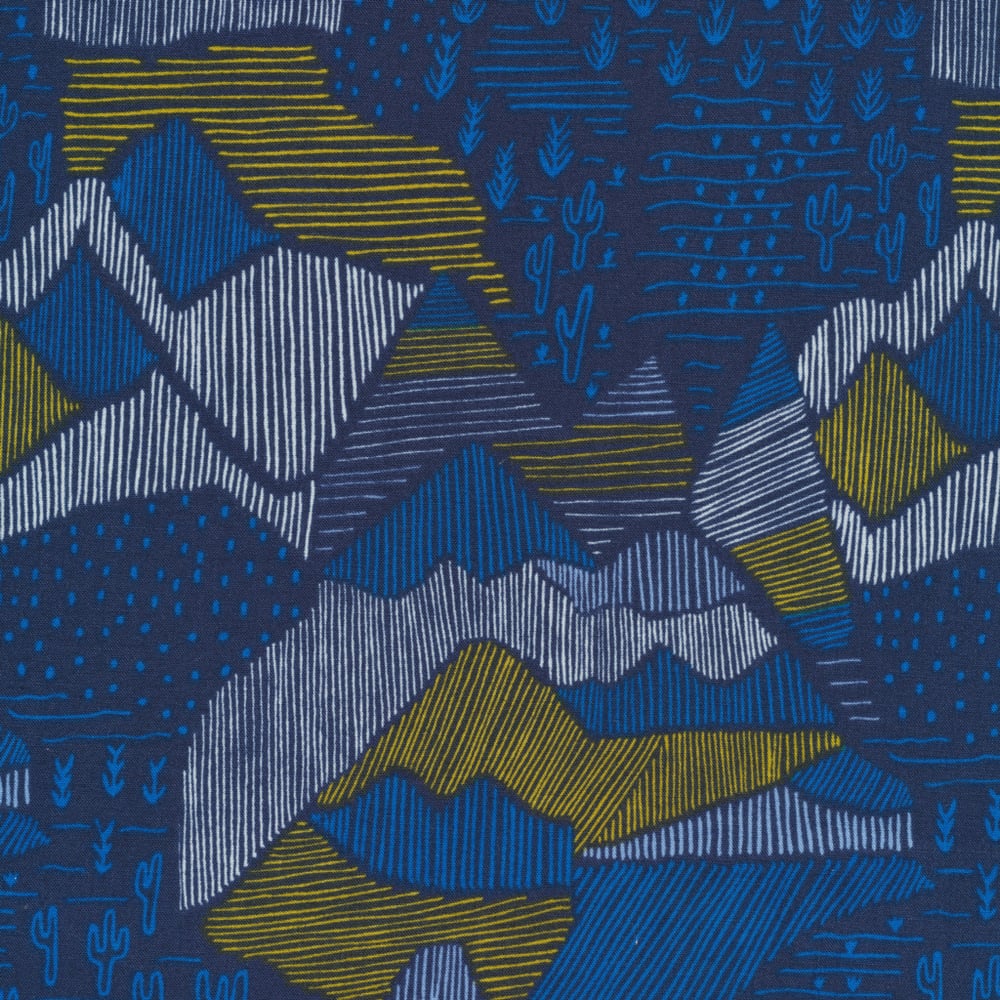 Image of Bavoir élastique | Montagnes & cactus | Bleu nuit, bleu roi & moutarde