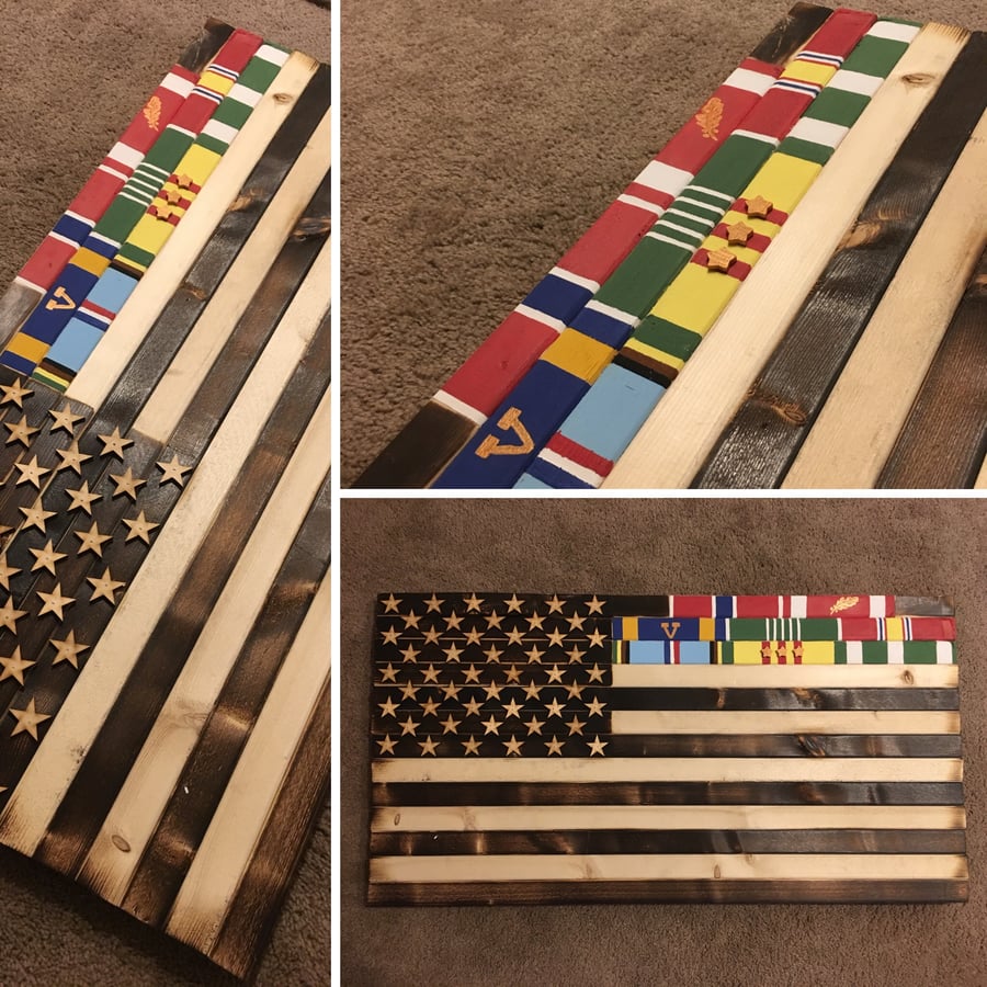 Image of Large or Medium American Flag with Military Ribbons