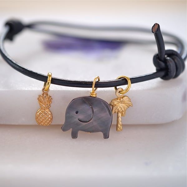 Image of Elephant ,pineapple and palmtree adjustable black leather cord