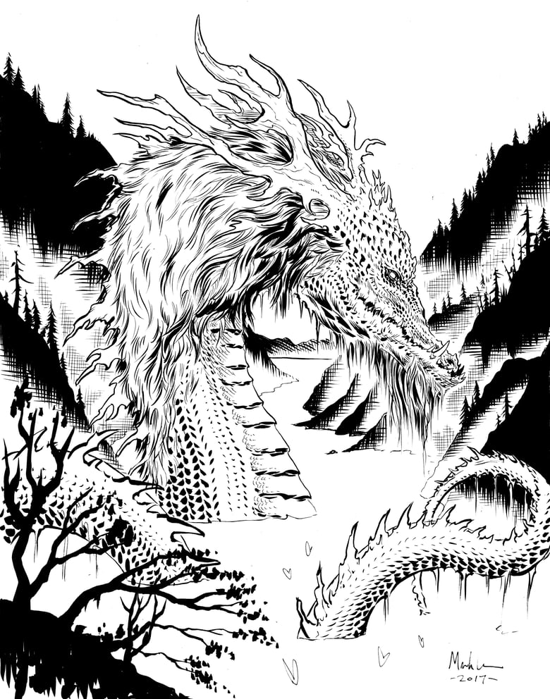 Image of lake dragon original inked art
