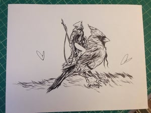Image of inked and water colored pixie woman on cardinal