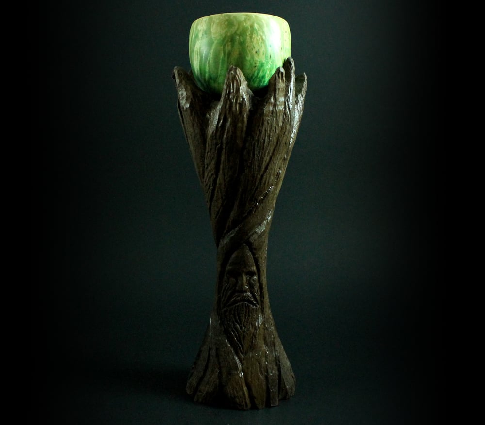 Image of Lap chalice in carved walnut and hand dyed box elder burl