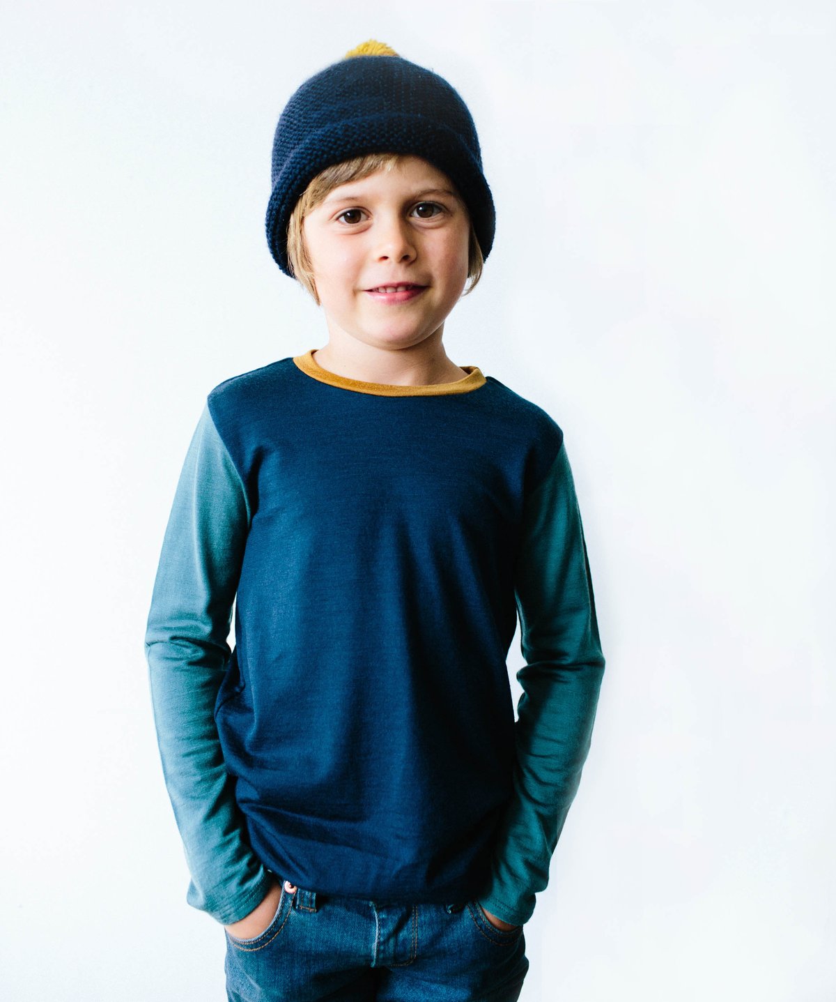 Image of Navy merino top with dusty blue sleeves