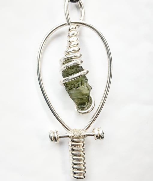 Image of Fully Wrapped Pure Silver Moldavite Ankh