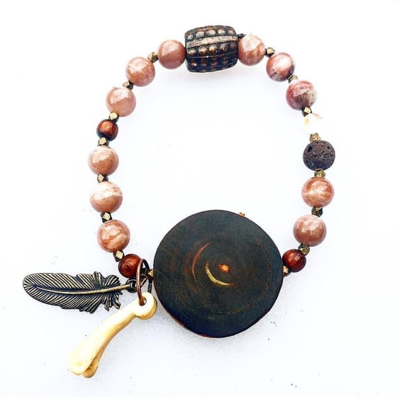 Image of Shamanic ~ Peach Moonstone with Copper feather and closure, bone, volcanic fire rock and Opalite