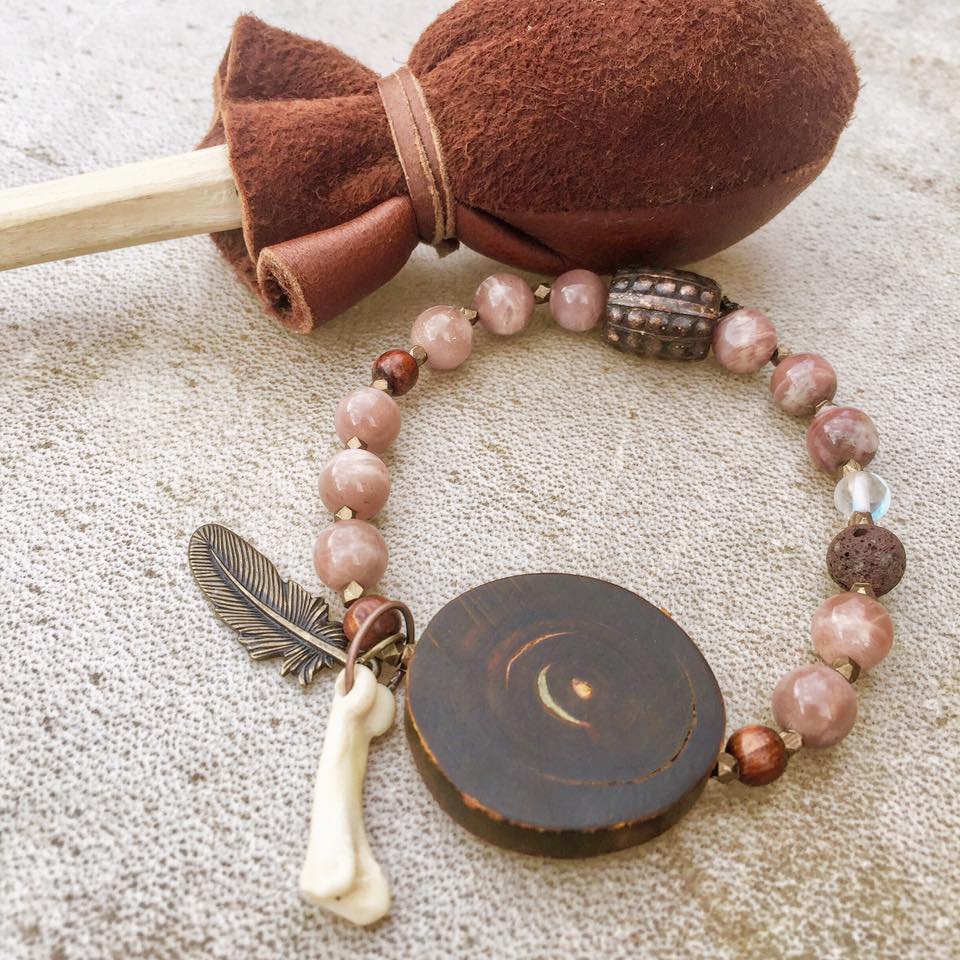 Image of Shamanic ~ Peach Moonstone with Copper feather and closure, bone, volcanic fire rock and Opalite 