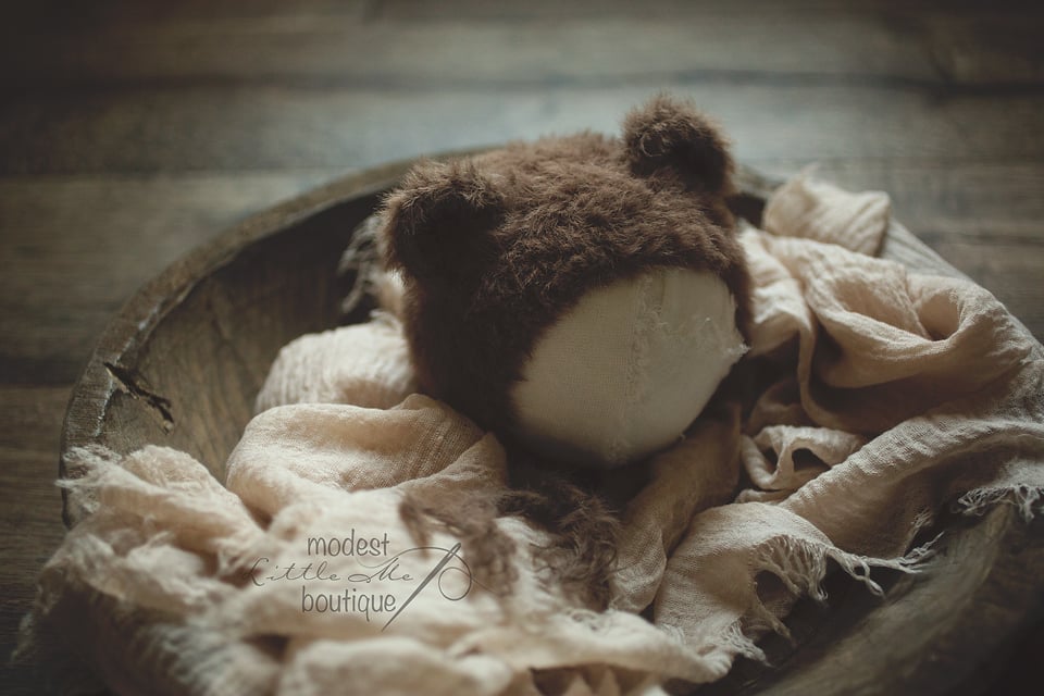 Image of Furry Little Knitted Brown Bear Bonnet