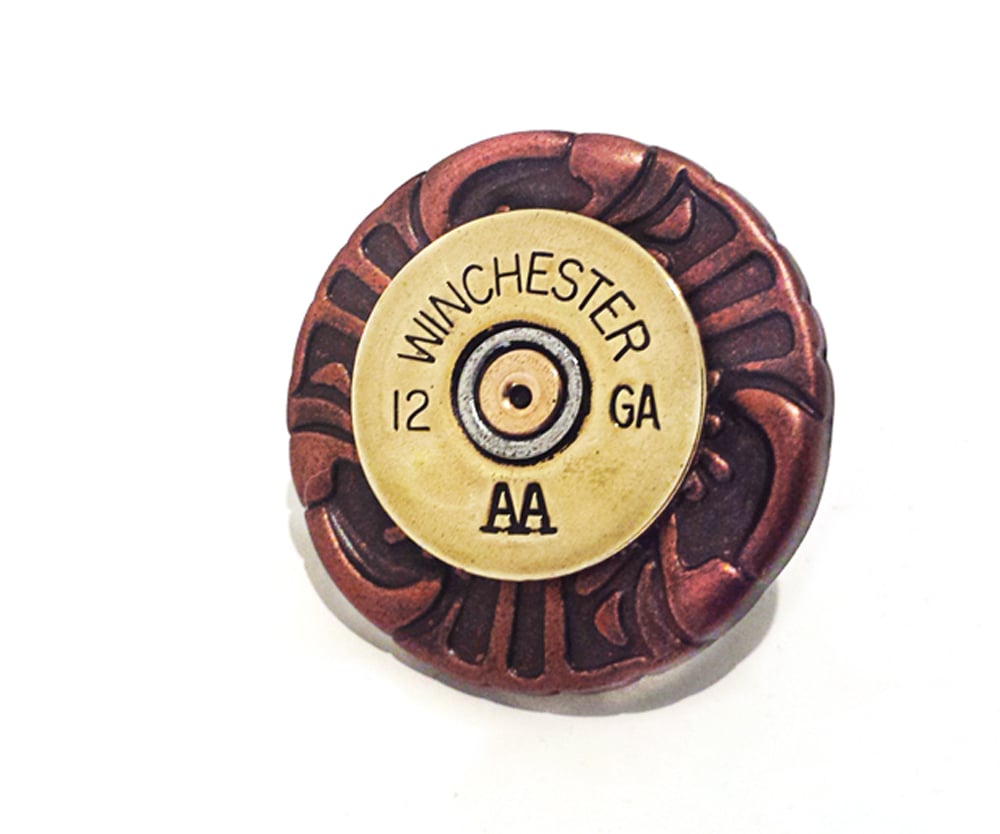 Image of Antique Copper Drawer Pull Knob  for Household Decor with Brass 12 gauge Shotgun Shell Accent