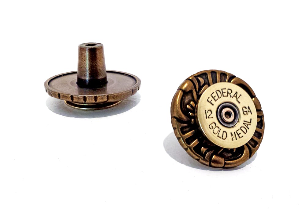 Image of Antique Brass Drawer Pull Knob for Household Decor with Brass 12 gauge Shotgun Shell Accent