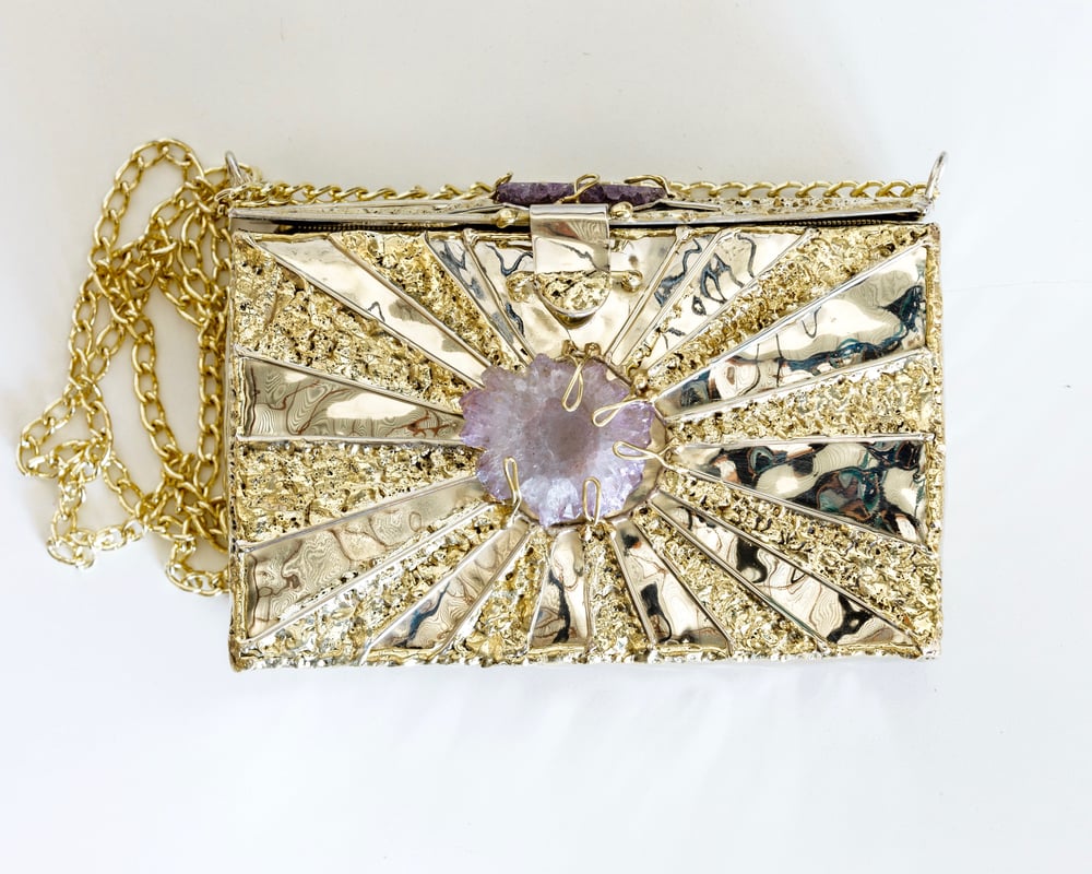 Image of Amethyst Brass Sunburst Rectangular Clutch