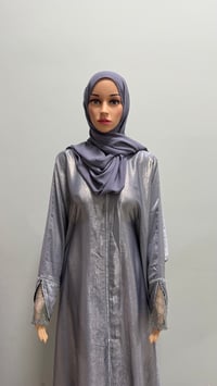Image 1 of Korean shimmer fabric Flared sleeve abaya Gray close come with a matching scarf 