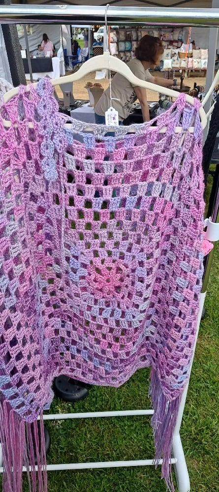 Image of Handmade Crochet Poncho with Fringe Purple & Pink Granny Square Boho Poncho 