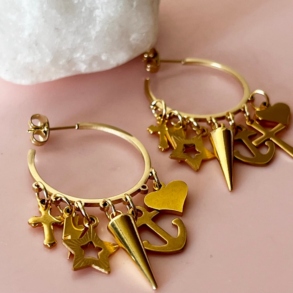 Image of One of a Kind Earrings - Multi charm Half Hoops