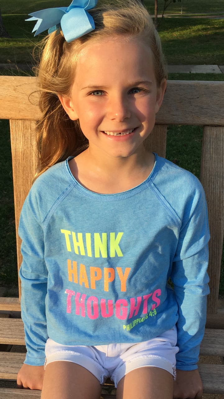 Image of THINK HAPPY THOUGHTS - Light Blue Girls High-Low Long Sleeve with Neon Rainbow Glitter