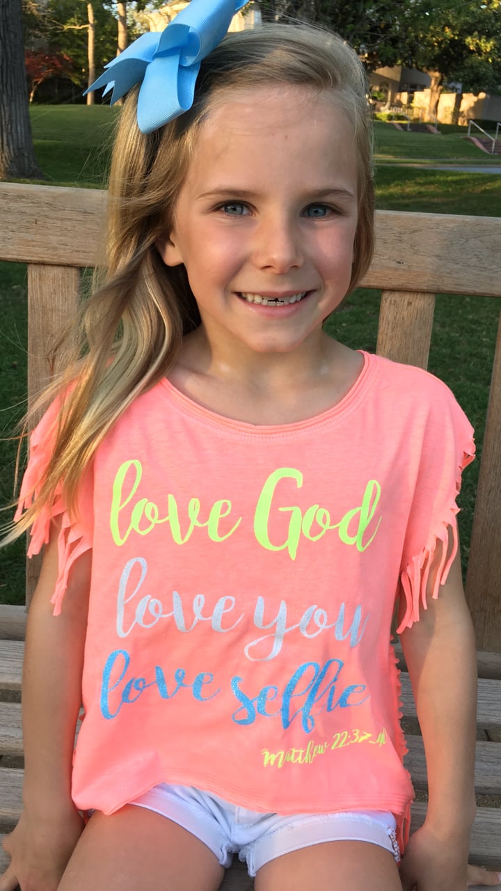 Image of LOVE GOD, LOVE YOU, LOVE SELFIE - Matthew 22:37-40 - Peach Girls Fringe Tee