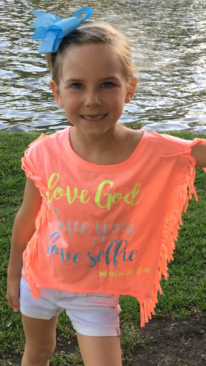 Image of LOVE GOD, LOVE YOU, LOVE SELFIE - Matthew 22:37-40 - Peach Girls Fringe Tee