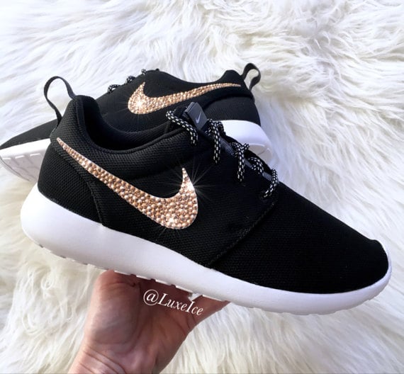 Image of Nike Roshe Run Black/White customized with Rose Gold SWAROVSKI Xirius Rose-Cut Crystals.