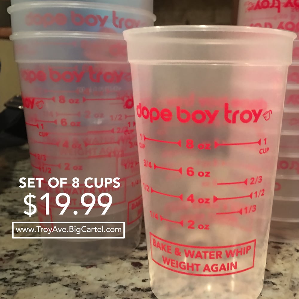 Image of DOPE BOY TROY BAKE AND WATER WHIP WEIGHT AGAIN PYREX CUPS