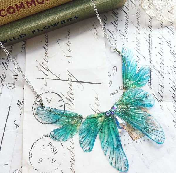 Image of New magical delicate sea blue and green faerie wing necklace