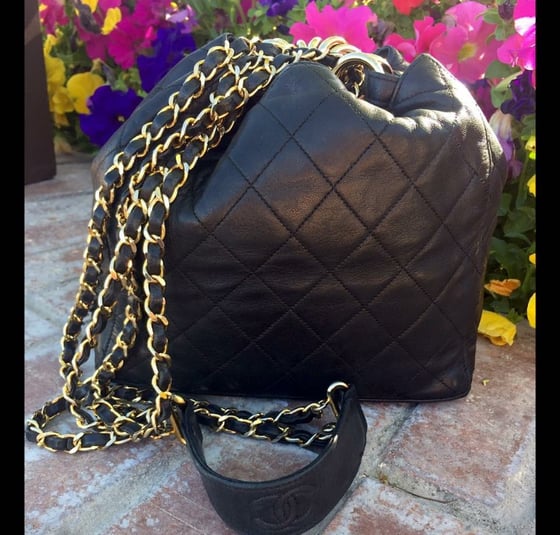 Image of Vintage Chanel Black Lambskin Quilted Bucket Bag