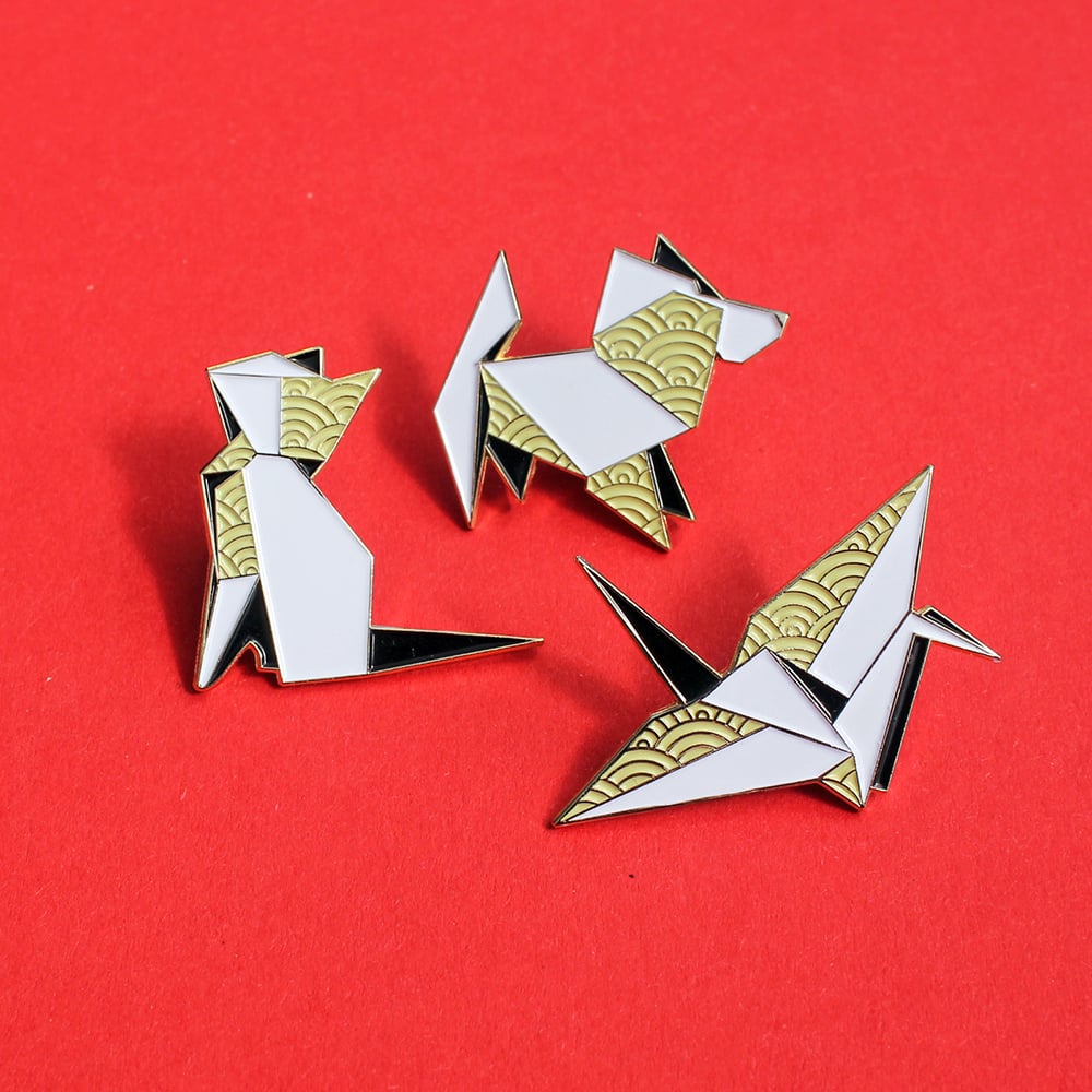 Image of Origami Crane, Dog & Cat enamel pins - 'Origaminals' lapel pins - set of THREE pins