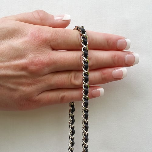 Image of Extra Petite NICKEL Chain Strap with Leather Weave - Mini Classy Curb Diamond Cut - Choose Option