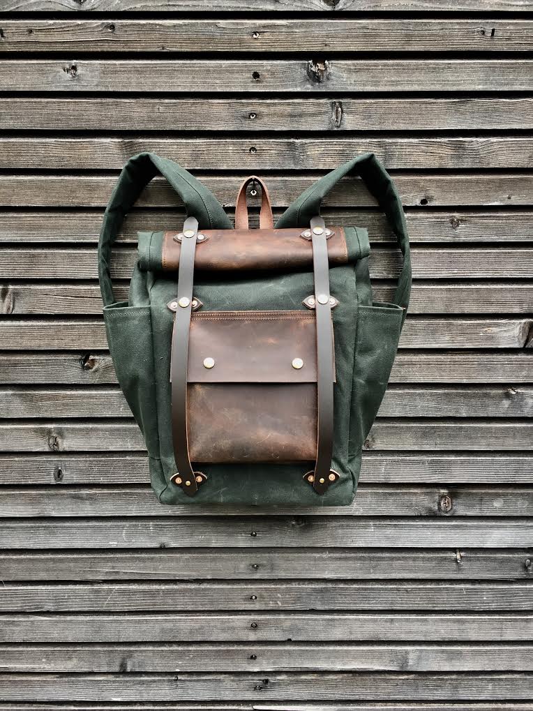 Image of Wax Canvas Backpack medium size / Hipster Backpack with roll up top and double bottle pocket