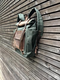 Image 3 of Wax Canvas Backpack medium size / Hipster Backpack with roll up top and double bottle pocket