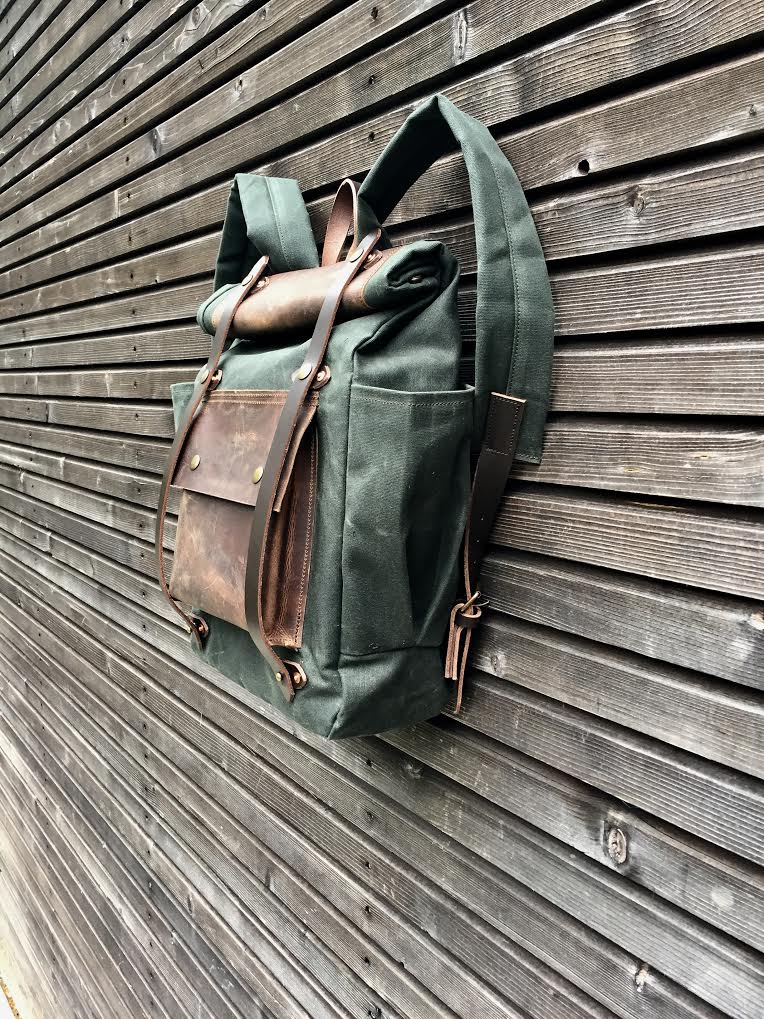 Image of Wax Canvas Backpack medium size / Hipster Backpack with roll up top and double bottle pocket