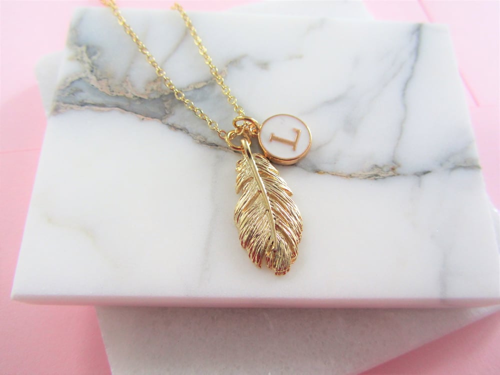Image of Gold Feather Necklace with Initial 