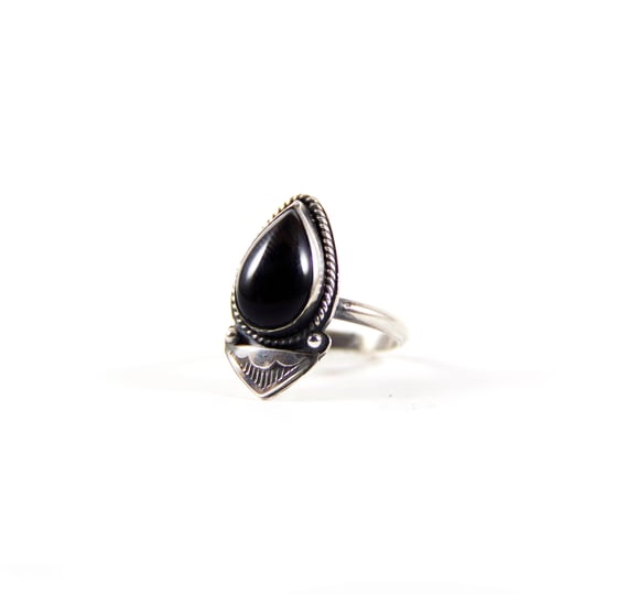 Image of Onyx Tear Drop Sterling Silver Ring with Hand stamped Detailing