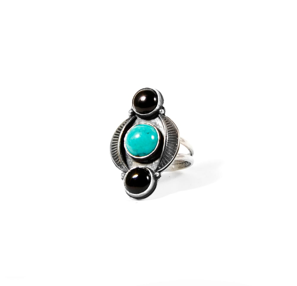 Image of Onyx And Turquoise Statement Ring with Hand stamped Detailing
