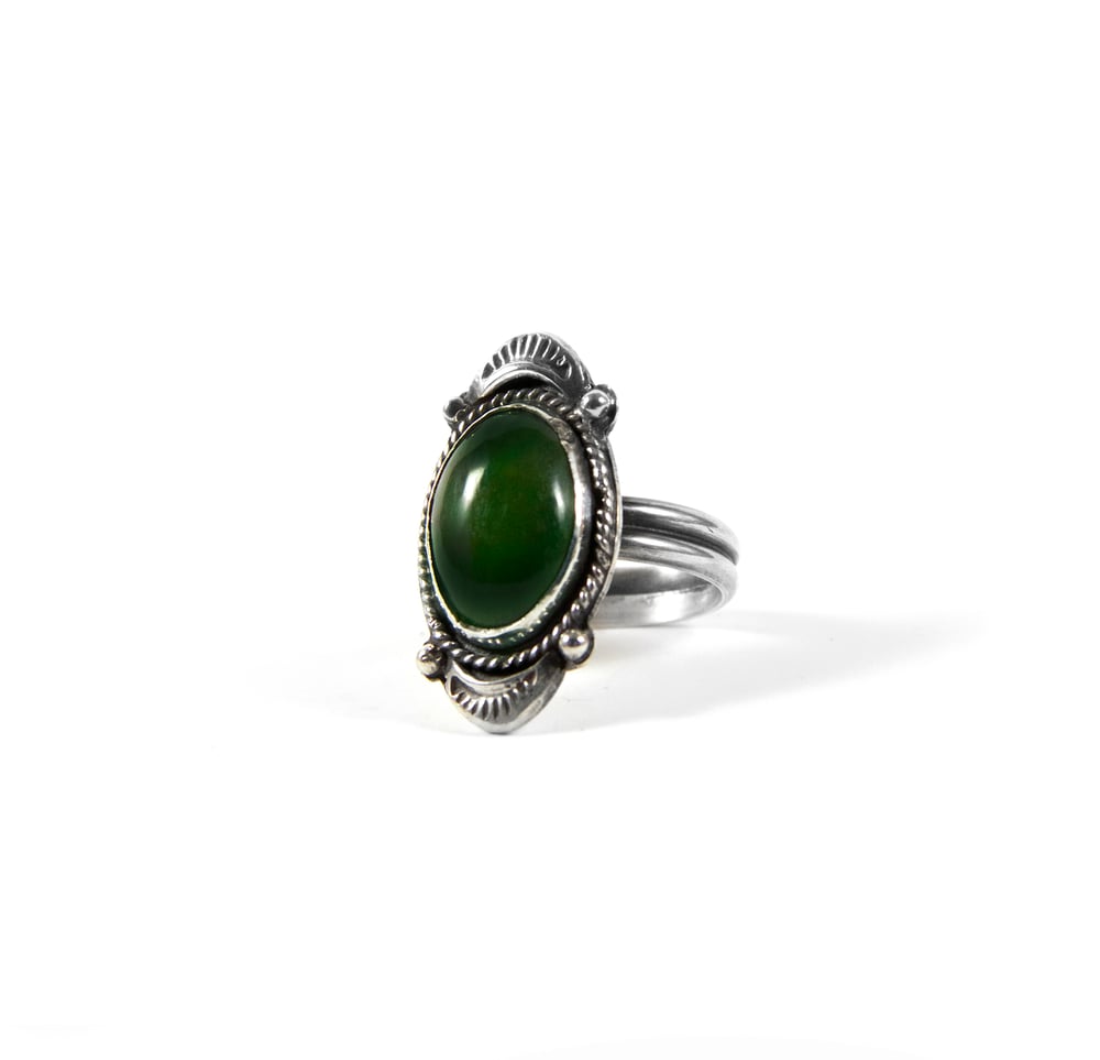 Image of Jade Oval Ring Set in Sterling Silver Size 7