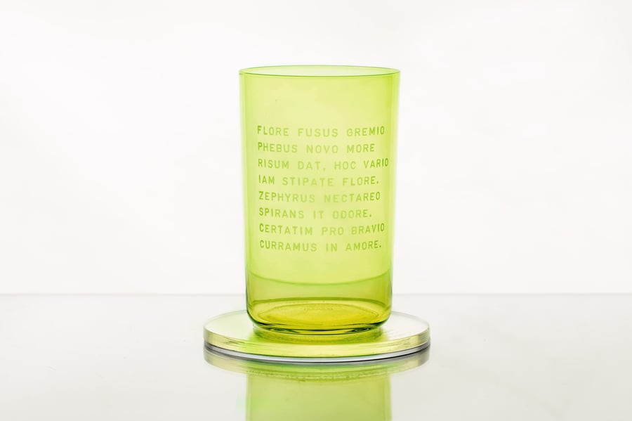 Image of VERBA handmade green glass with poetry in Latin from the "Carmina Burana" manuscript