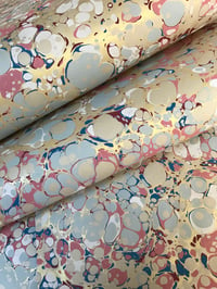 Image 3 of Marbled Paper #97 'Blue & Pink Spot with Metallic gold' on fawn