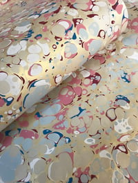 Image 5 of Marbled Paper #97 'Blue & Pink Spot with Metallic gold' on fawn
