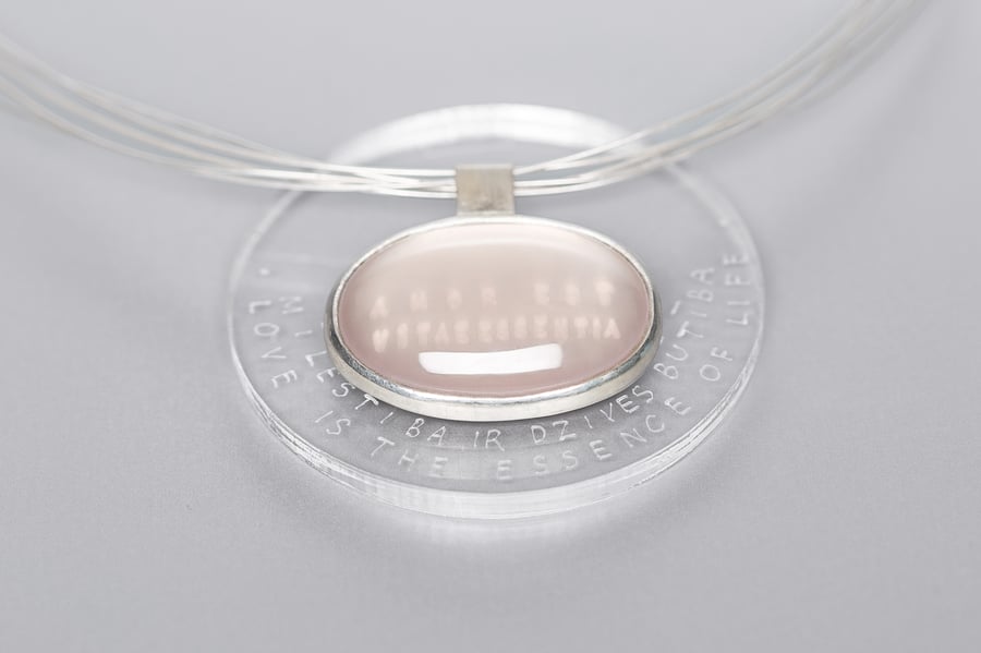 Image of "Love is the essence of life" silver pendant with rose quartz  · AMOR EST VITAE ESSENTIA ·