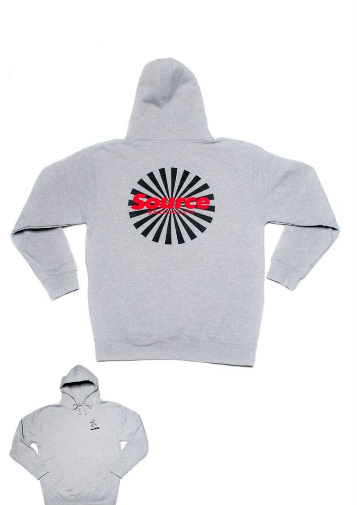 Image of Grey Source hoodie front Dylan Rider kick flip art work