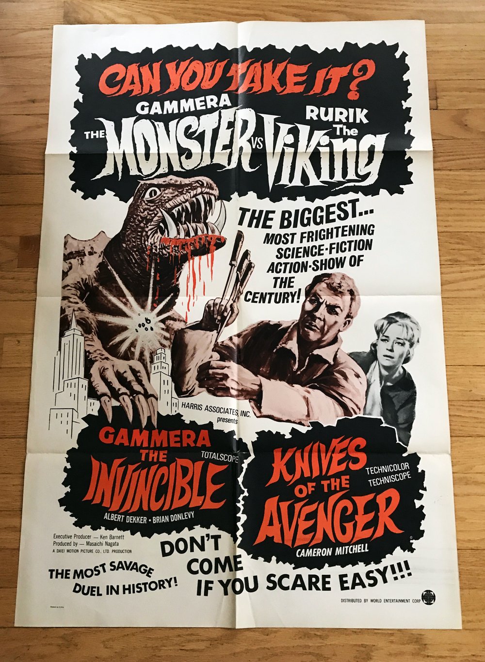 1966 GAMMERA THE INVINCIBLE/KNIVES OF THE AVENGER Original U.S. Double Bill One Sheet Movie Poster