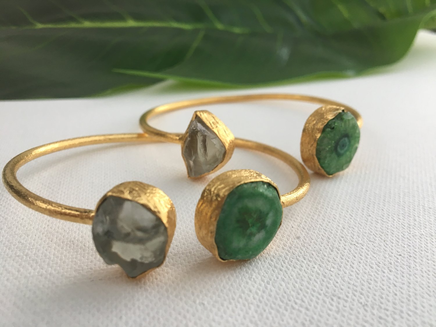 Image of SOL • Green Solar Quartz & Herkimer Diamond Bangle Bracelet