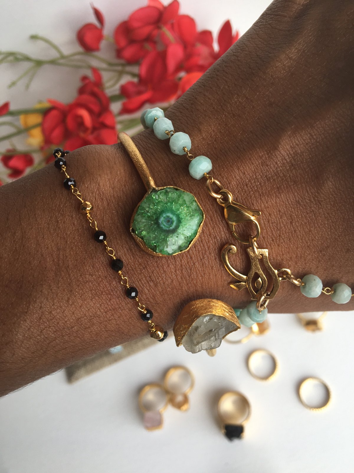 Image of SOL • Green Solar Quartz & Herkimer Diamond Bangle Bracelet