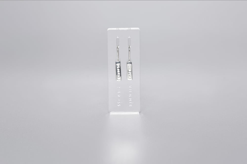 Image of light plain silver earrings with inscription in Latin