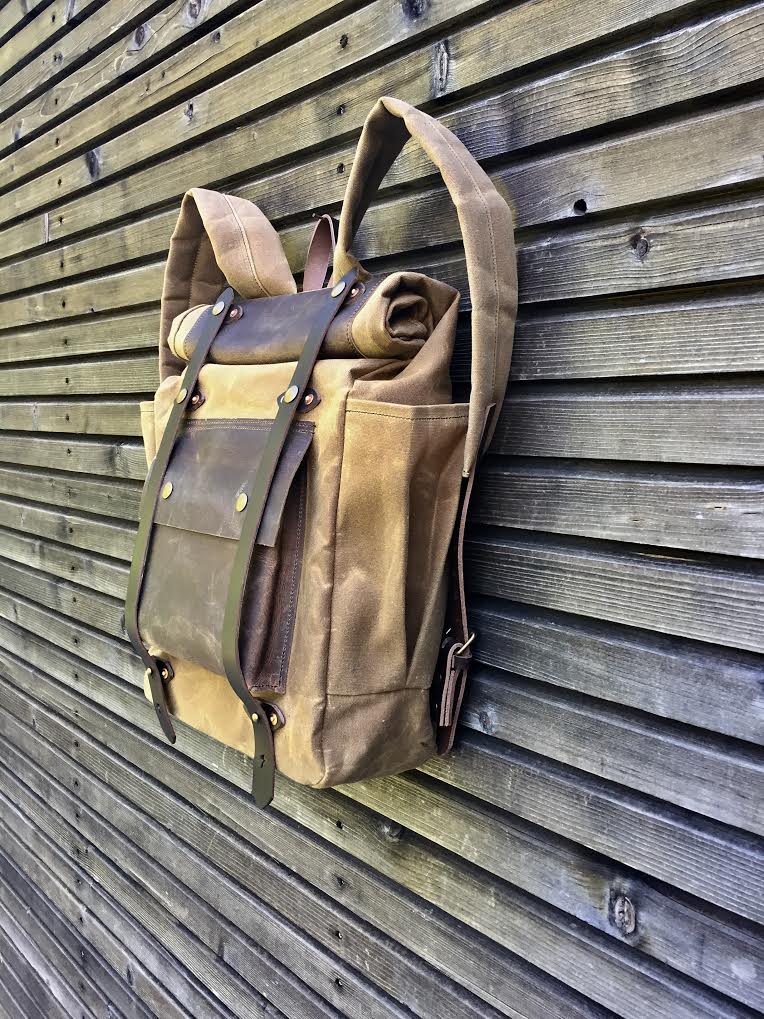 Hipster Backpack in waxed canvas with roll up top and double bottle ...