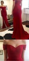 Red Off Shoulder Mermaid Party Gowns, Red Velvet Prom Dresses, Evening Gowns
