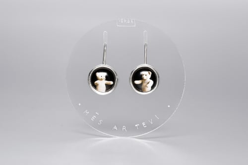 Image of "We are with you" teddy-bear silver earrings with photo and rock crystal  · TECUM SUMUS ·