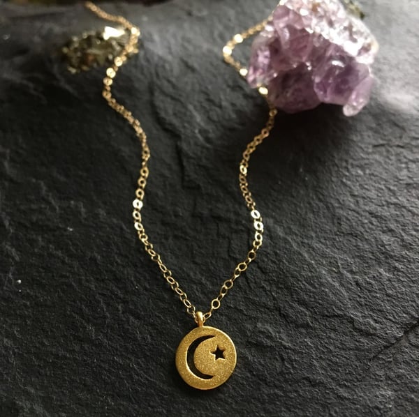Image of Moon & Star disc charm necklace
