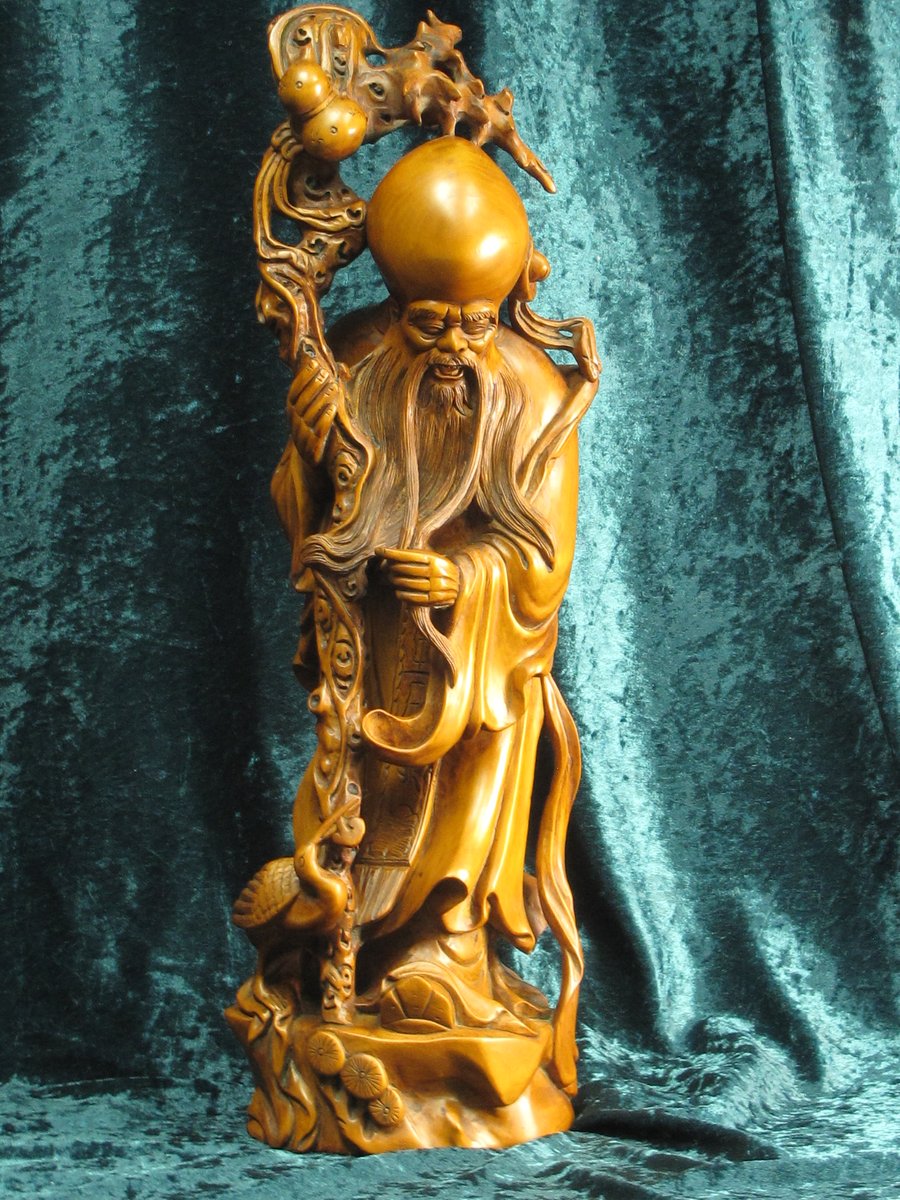 VINTAGE CHINESE WOOD STATUE OF SHOU XING-GONG WITH CRANE | Baum Galleries