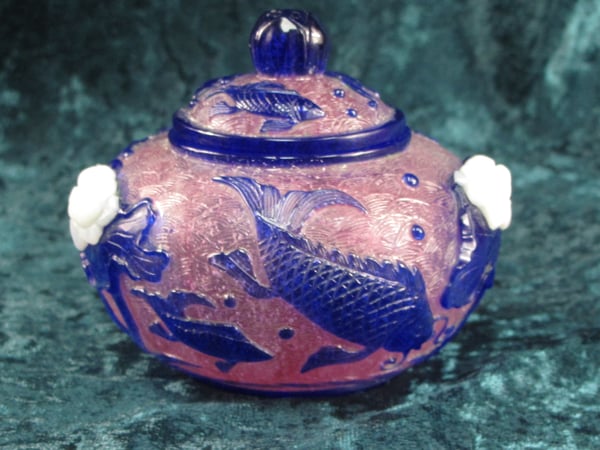 Image of VINTAGE CHINESE PEKING JAR: BLUE KOI & LOTUS OVERLAY