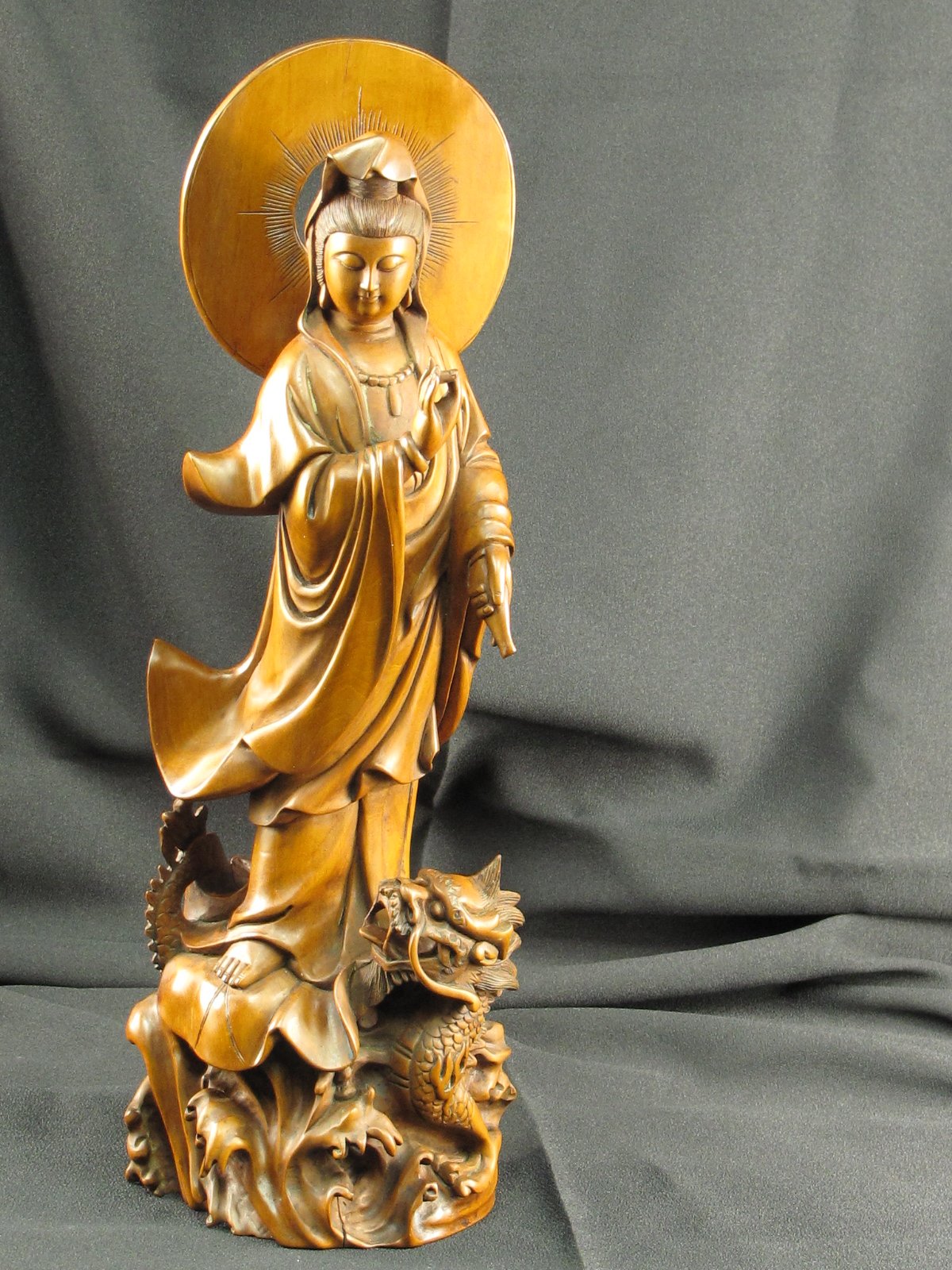 VINTAGE CHINESE WOOD STATUE OF QUAN YIN STANDING ON DRAGON Baum Galleries