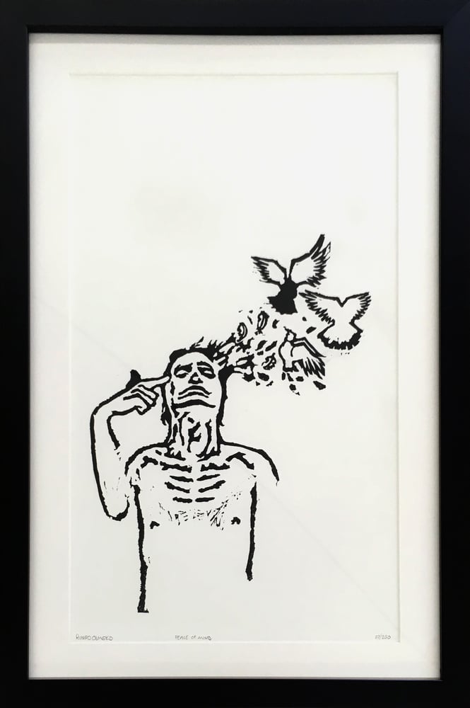 Image of "Peace of Mind" / linoleum print / edition of 250. Framed